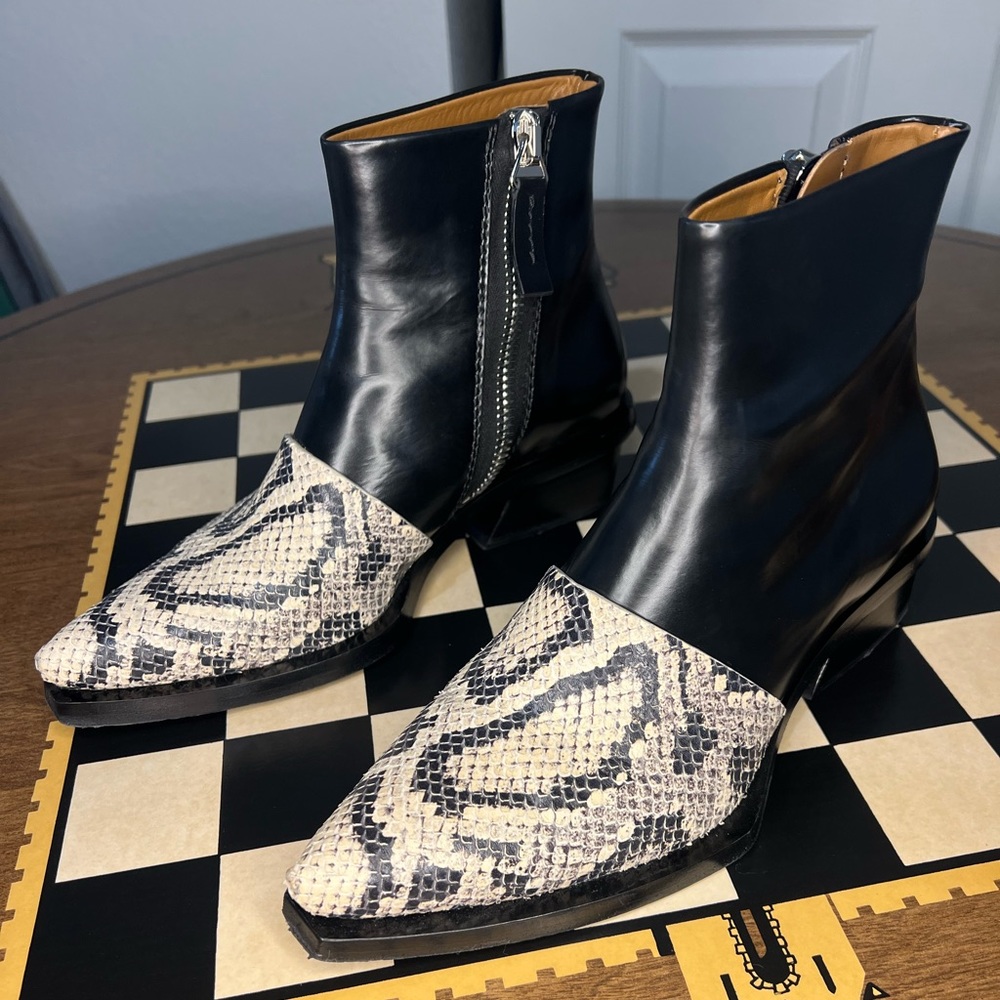 Proenza Schouler Black Leather Ankle Boots with Snakeskin Toe